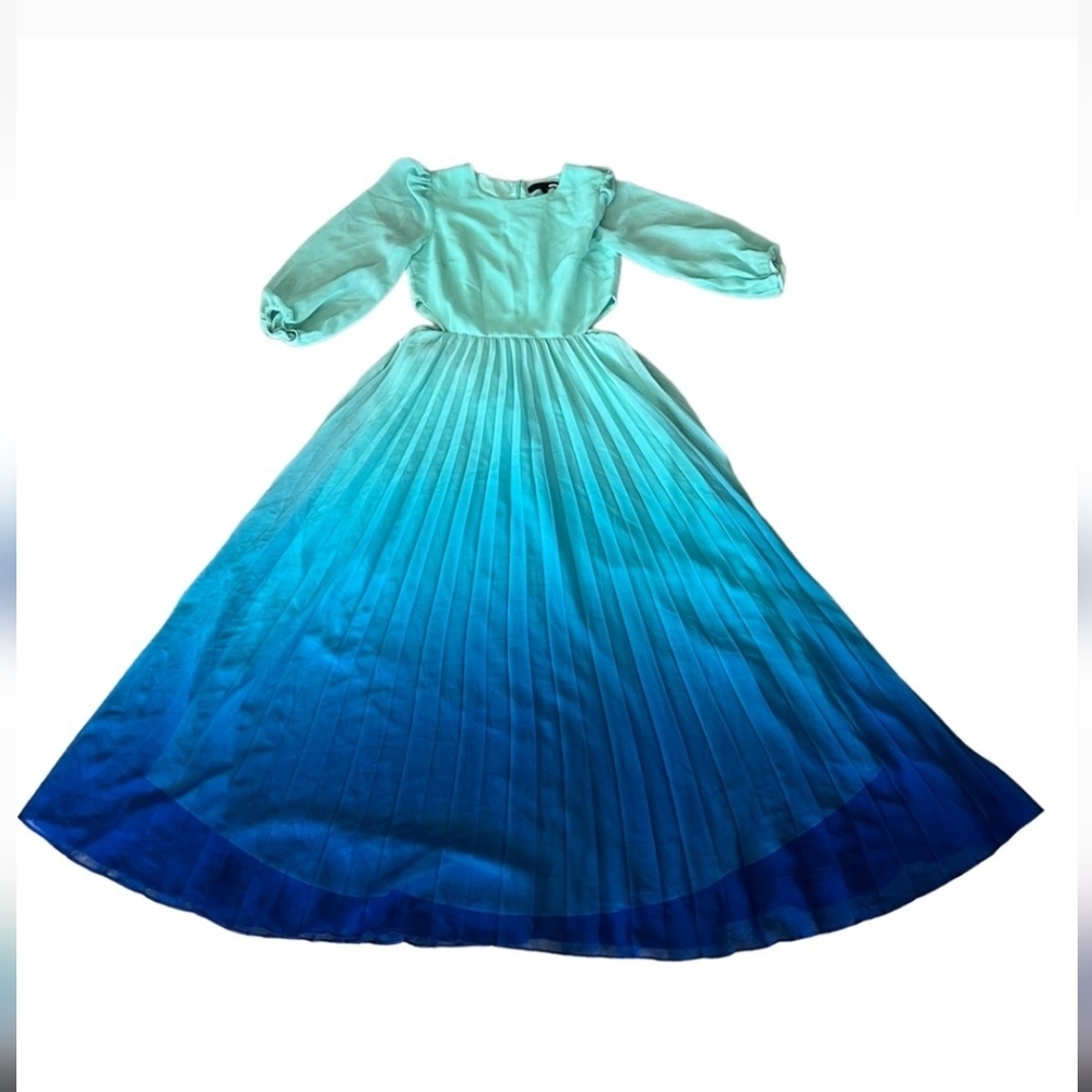Rachel Roy Blue Fade Long Sleeve Dress With Curve Neckline Maxi Pleated Skirt - Picture 9 of 11